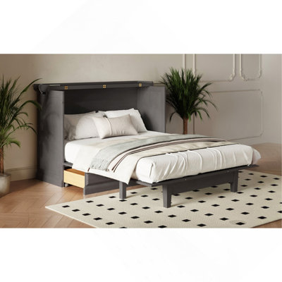 Lit double escamotable avec armoire de rangement style campagnard en pin massif avec station de charge et grand tiroir de rangement pour bureau personnel ou petite pièce, gris
