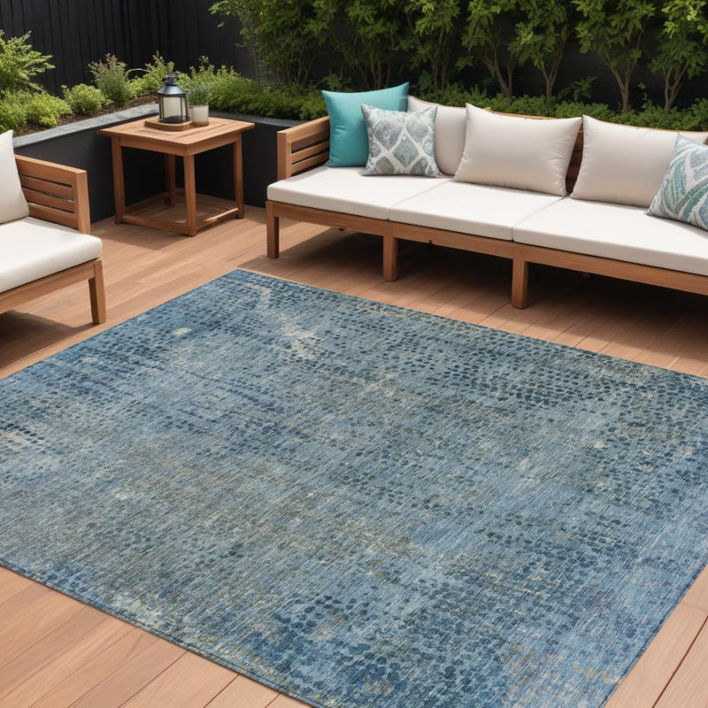Tapis intérieur lavable abstrait bleu et ivoire 9 pi x 12 pi