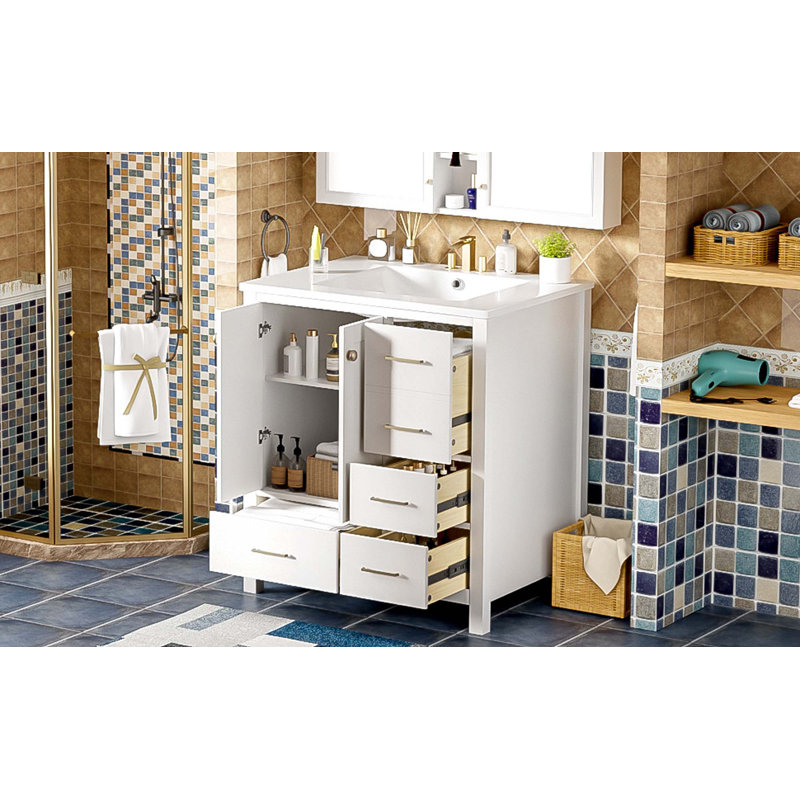 Ensemble de meuble-lavabo 30 po avec lavabo en céramique, armoire de rangement en bois massif, ensemble de meuble-lavabo autoportant avec 4 tiroirs et portes à fermeture douce