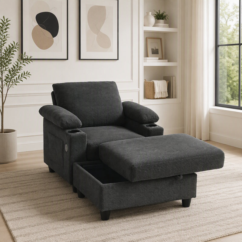 Fauteuil convertible avec repose-pieds, dossier inclinable, porte-gobelets et charge USB, Tissu gris foncé
