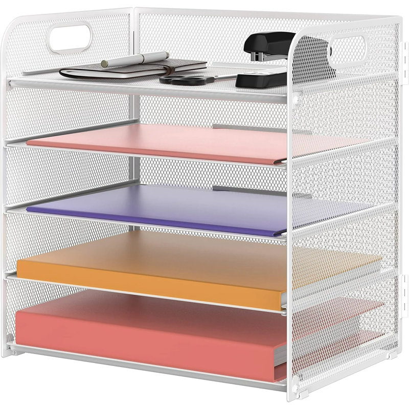5-Tier Desktop Organizer Letter Tray With Handle-Mesh, White