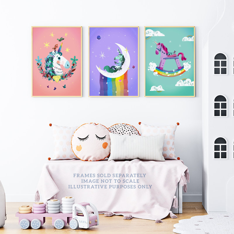 Kids Girl Bedroom Magical Unicorns And Rainbows Purple Pink Blue - 3 Piece No Frame Print Set, 29.7cm H x 21cm W x 0.4cm D