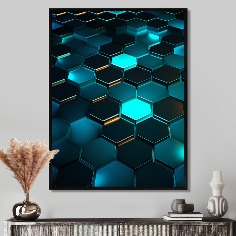 Texture hexagonale turquoise - salon d'art mural géométrique, H 32 po x l 16 po x P 1 po, Toile avec cadre flottant noir