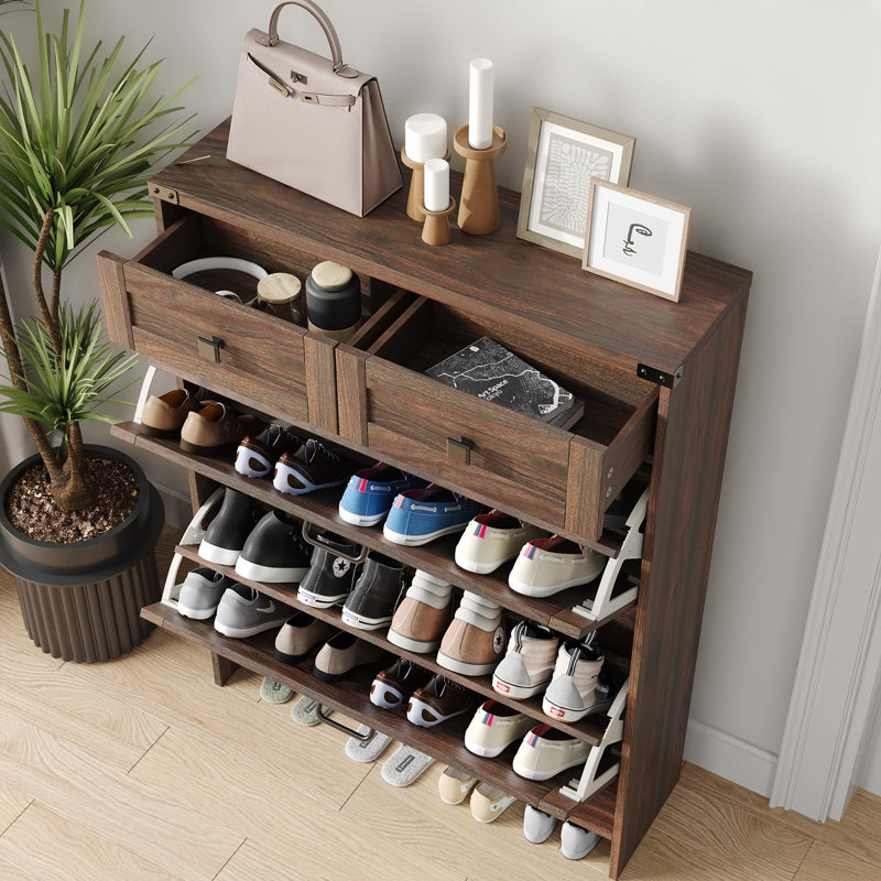16 Pair Flip Down Shoe Storage, Dark Walnut