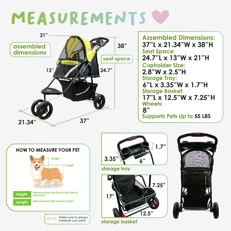 Sunshine Yellow Pet Stroller with Mesh Windows and Storage