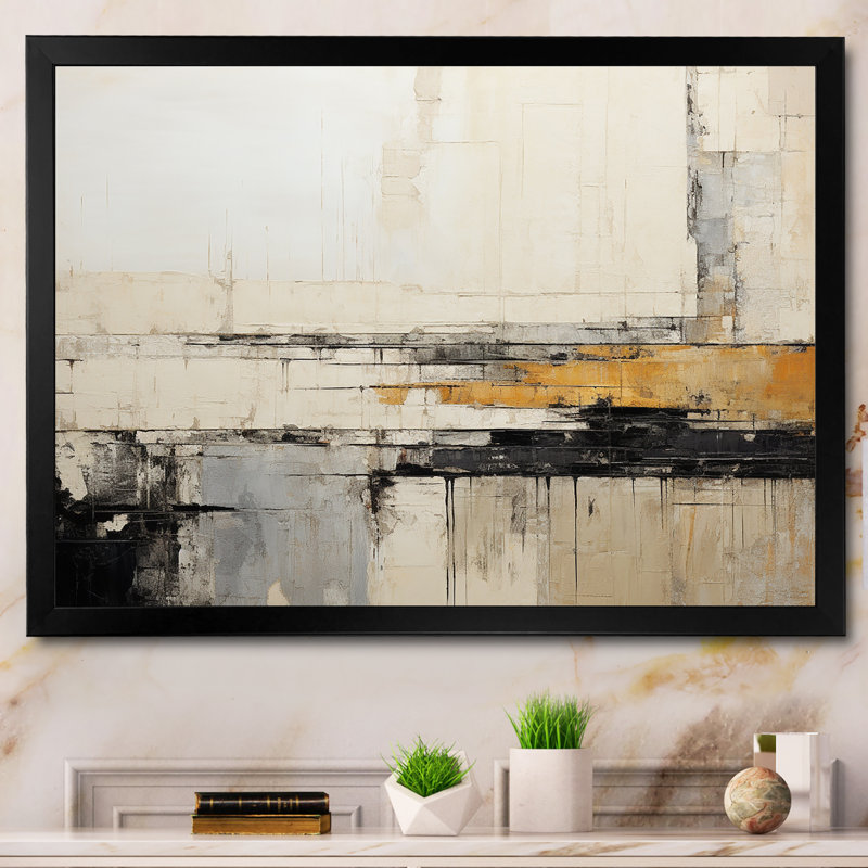 «Abstract Black Beige Road Collage», art mural encadré abstrait, H 34 po x l 44 po x P 1,5 po, Cadre simple noir