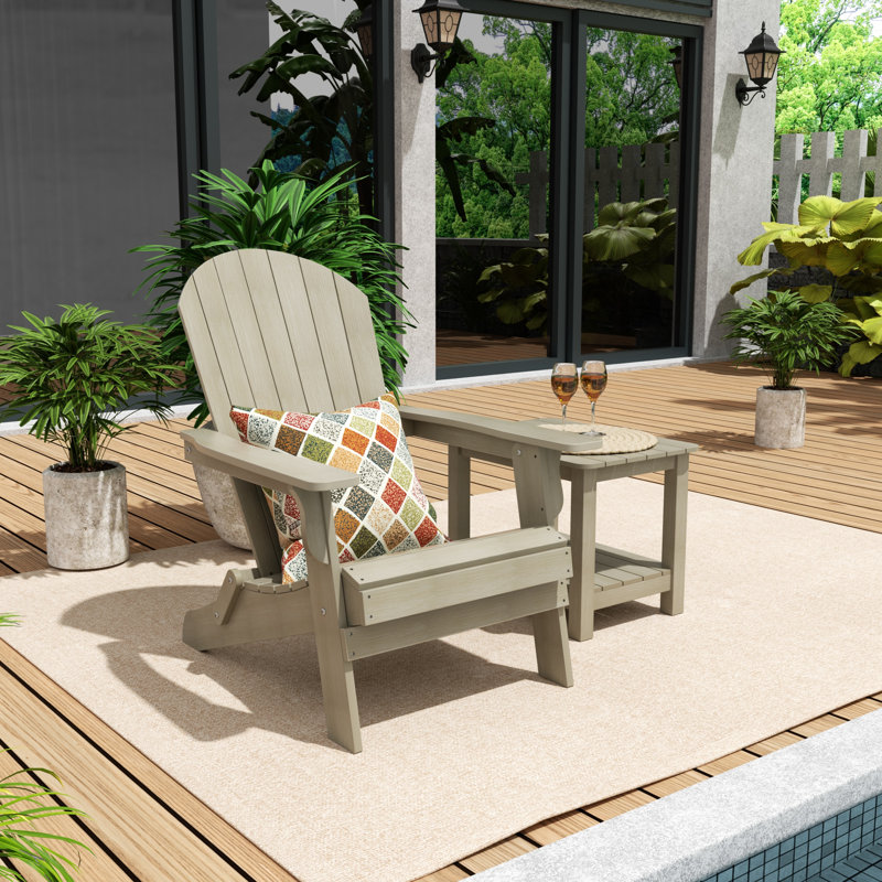 Arrlo Foldable Outdoor Adirondack Chair With Table, Weathered Gray