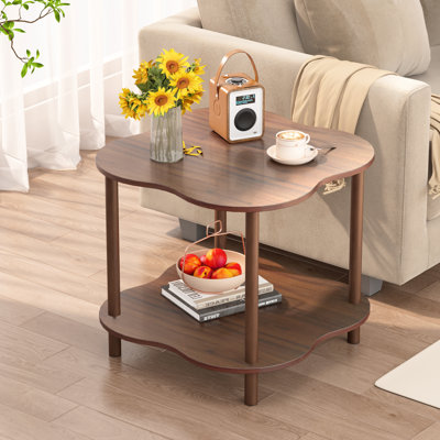 Table de bout en forme de fleur - tables basses à 2 niveaux couleur bois de noyer, table d'appoint moderne en bois avec rangement ouvert, table de thé facile à assembler pour le salon, 23 po x l 23,6 pi x H 23,9 pi