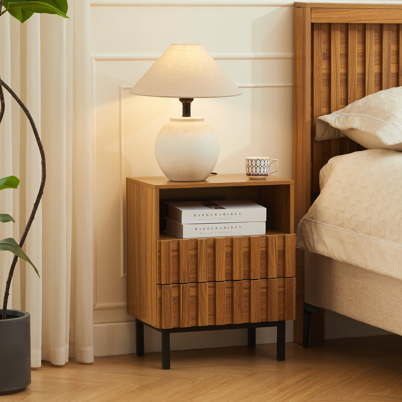 Wooden Stripe 2 Drawer Nightstand, Nature