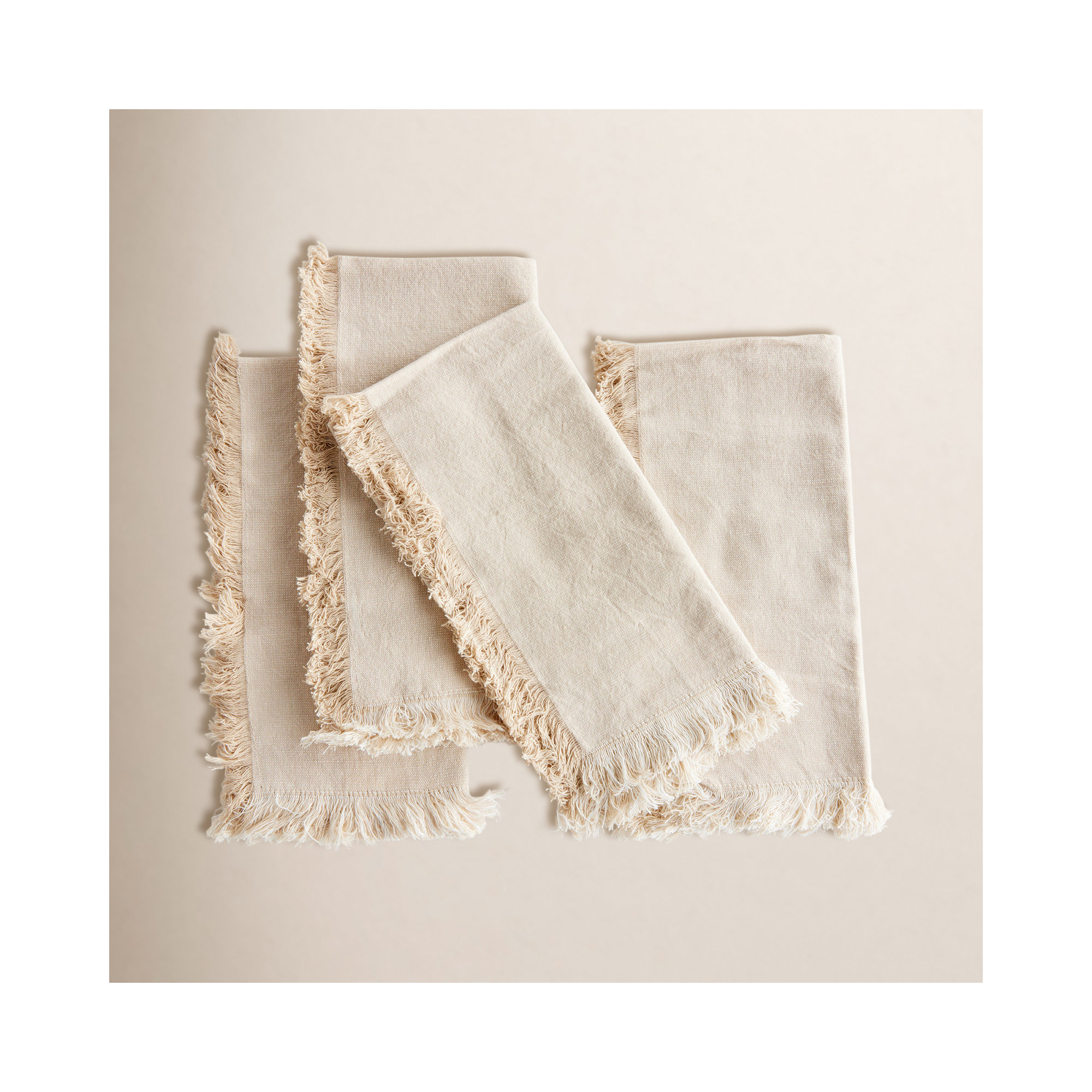 Eggett Toile Cotton Dinner Napkins, Fringe, Solid Color, Beige