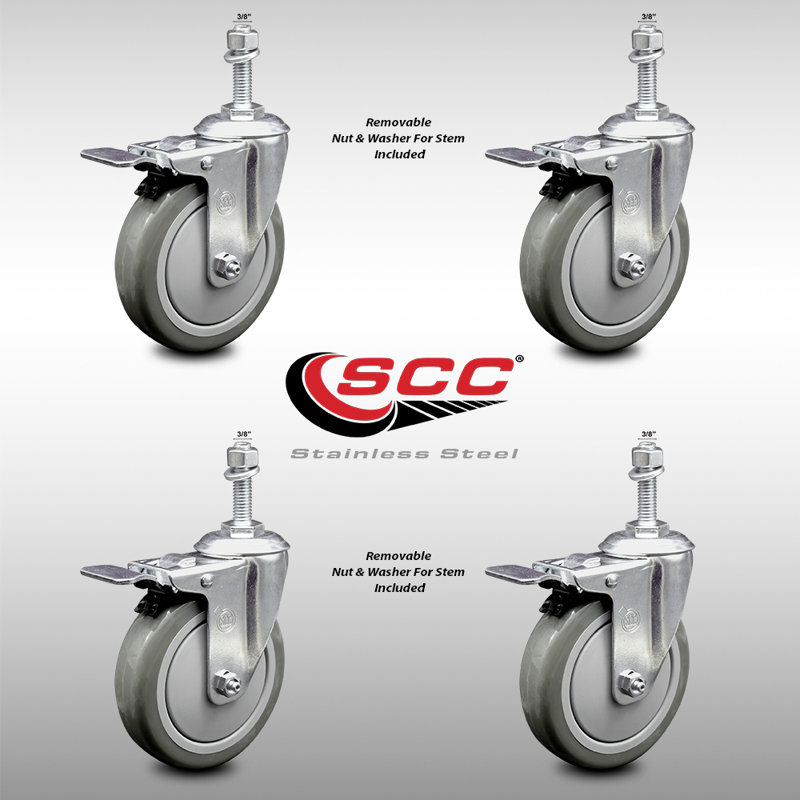 5 Inch SS Gray Polyurethane 3/8 Inch Threaded Stem Caster Set Total Lock Brake