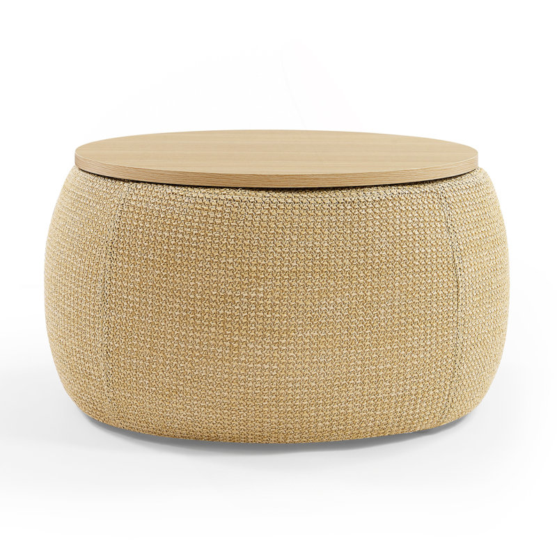 Round Storage Ottoman, 2 In 1 Function, Work As End Table And Ottoman (Only One Ottoman), Natural
