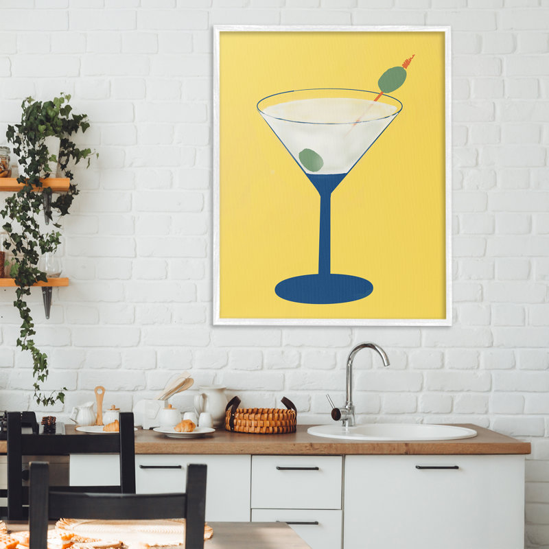 Giclée sur verre Martini sur jaune, design par Robin Maria, H 30 po x l 24 po, Giclée encadrée blanc bord de mer