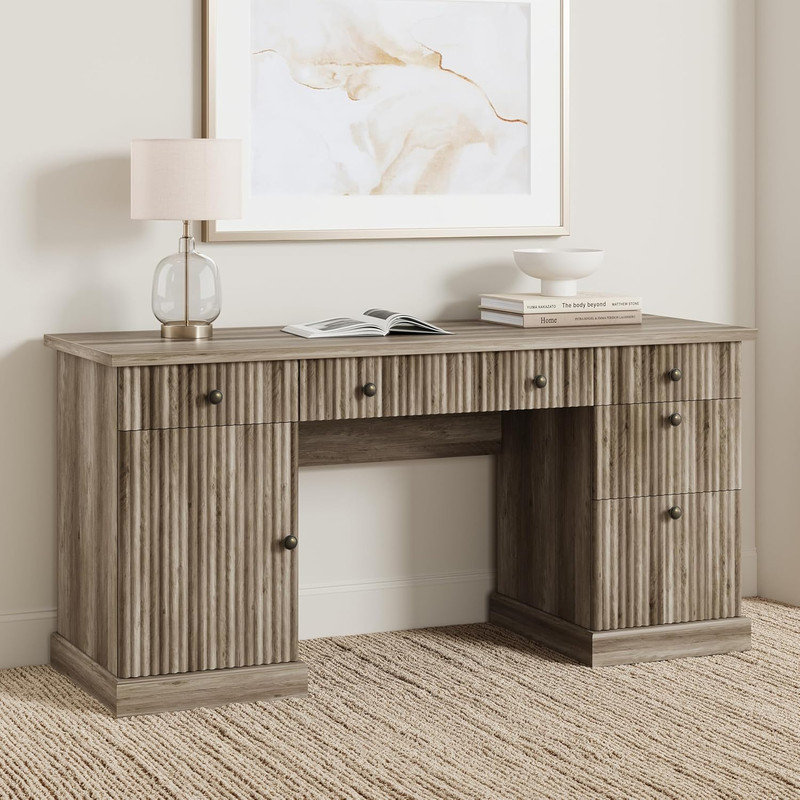 Bureau de direction cannelé 60 po avec station de charge - Tiroir-classeur et rangement pour bureau à domicile, bureau, chambre à coucher