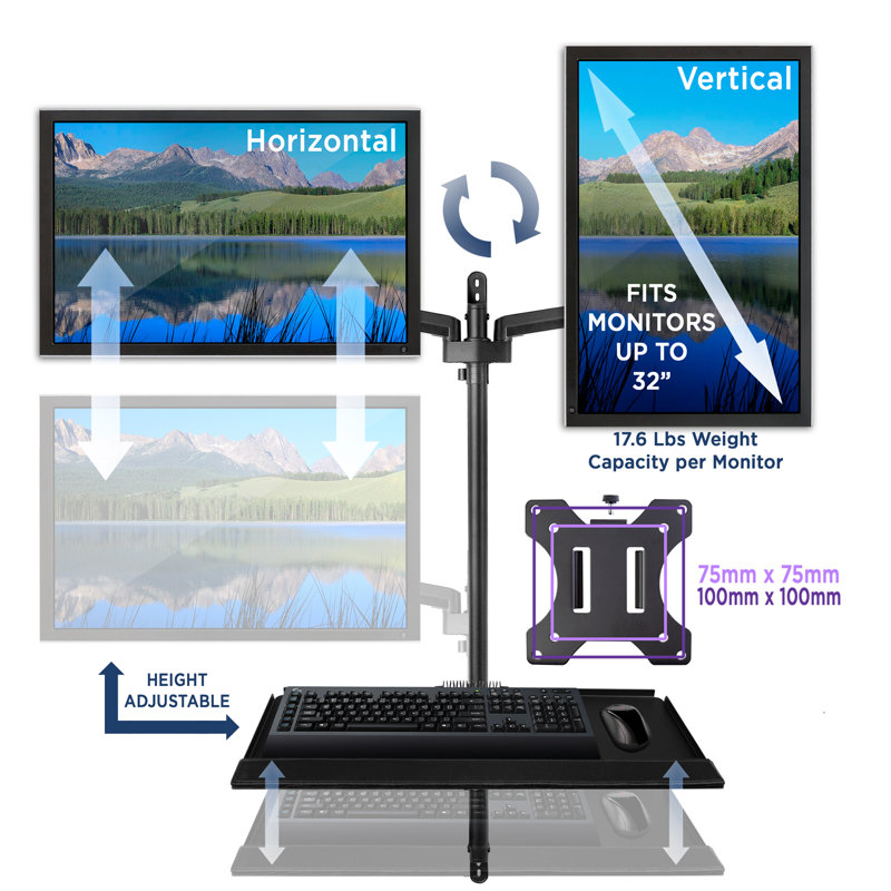 Workstation Height Adjustable 2 Screen Wall Mount