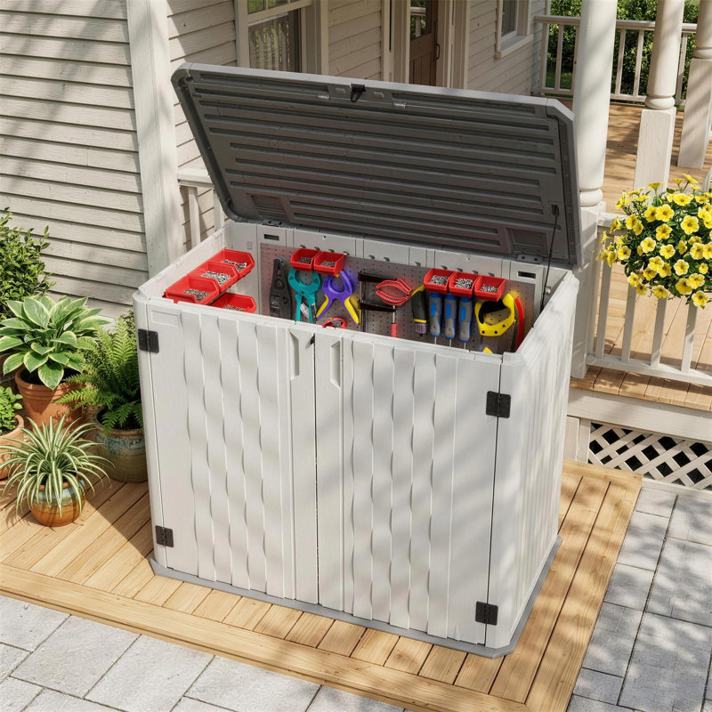 34 Cu.Ft. Large Outdoor Resin Horizontal Storage Shed Fast Assembly, 4.2 ft. W x 2.4 ft. D Waterproof Plastic Shed Cabinet with Lockable Door, Durable HDPE Trash Can Tool Shed For Garden, Patio, Yard