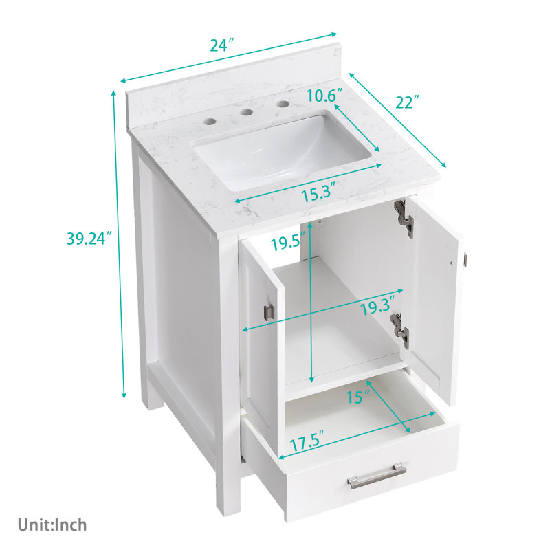 Meuble-lavabo simple 24 po avec plateau en marbre d'ingénierie, Blanc