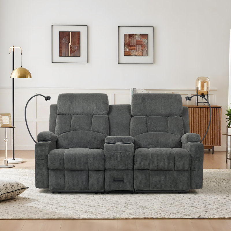 Causeuse inclinable manuelle avec console de rangement et chargement par USB de type C, canapé rembourré gris pour le salon