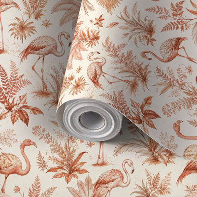Papier auto-adhésif à peler et coller avec palmiers tropicaux et sépia auto-adhésifs et flamants roses 17,7 po x 118 po (45 x 300 cm)