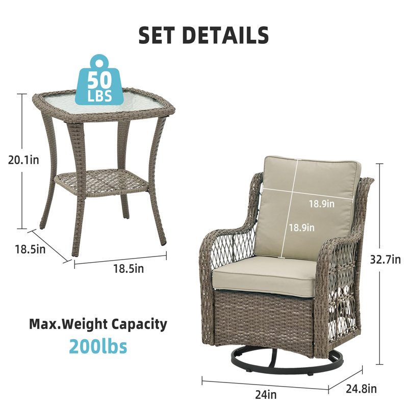 3 Pieces Outdoor Swivel Rocker Chair Set Of 2 With Small Side Table, 360-Degree Swivel Rocking Chair, Gray, Apricot