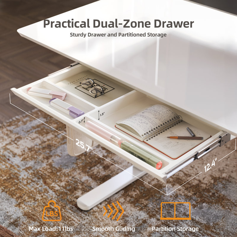 Bureau électrique à hauteur ajustable électrique avec plateau en verre et rangement pour tiroirs, L 48 po x P 23,6 po