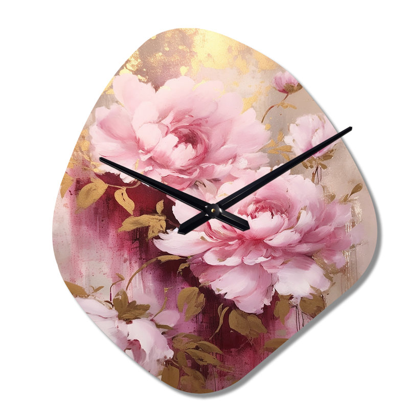 Pivoines roses et dorées dans l'éclat - horloge murale en forme de pivoines uniques en métal, impression d'horloge murale rose