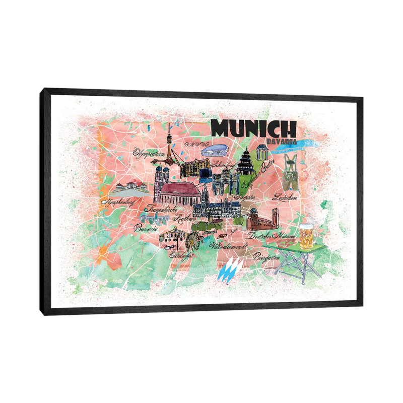Munich Bavaria Illustrated Map by Markus & Martina Bleichner - Painting on Canvas, Black Floater Framed