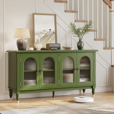 59" Mid-Century Sideboard Buffet with 4 Arched Glass Doors, Vintage Wood Credenza Coffee Bar Storage Cabinet, Green