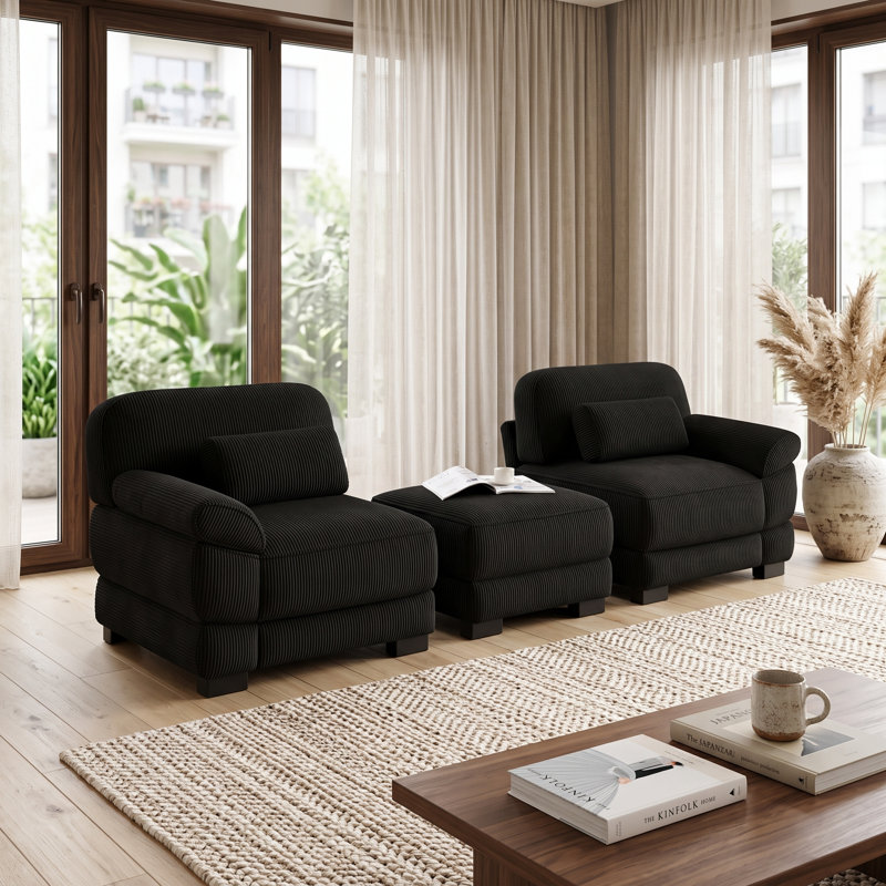 Canapé d'angle modulaire 2 places en velours côtelé noir avec pouf amovible et assises profondes, 2 places + 1 repose-pieds