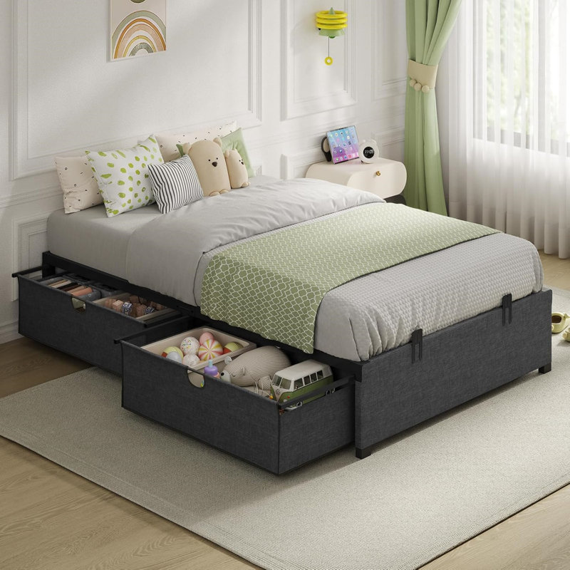  Structure de lit plateforme simple avec 2 grands tiroirs de rangement, lattes en acier robustes, gris foncé et noir