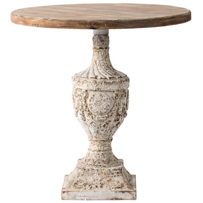 French Country Antique Round Table, 30x31", Gray Accents, Natural Wood Top With Intricate Details, Magnesium Oxide & Fir Wood, Rustic Flair Retro 30x31" Finish, Floral , Construction