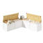 Banc de rangement à angle droit avec beaucoup de rangement, idéal pour les coins, la fonction de table à manger et à intégrer, système de support en métal bicolore blanc et bois, peut être ajusté à différentes occasions