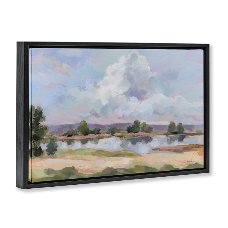 «River View Overhead Clouds», toile flottante encadrée par Silvia Vassileva, H 17 po x l 25 po, Cadre flottant noir de jais
