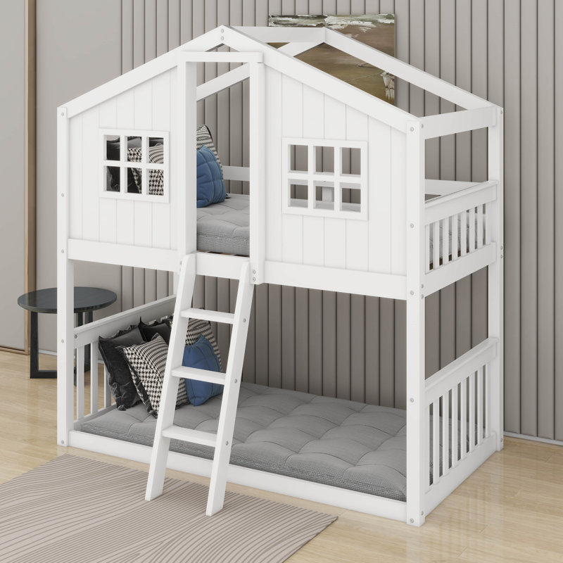 Twin Over Twin House Bunk Bed With Ladder, White
