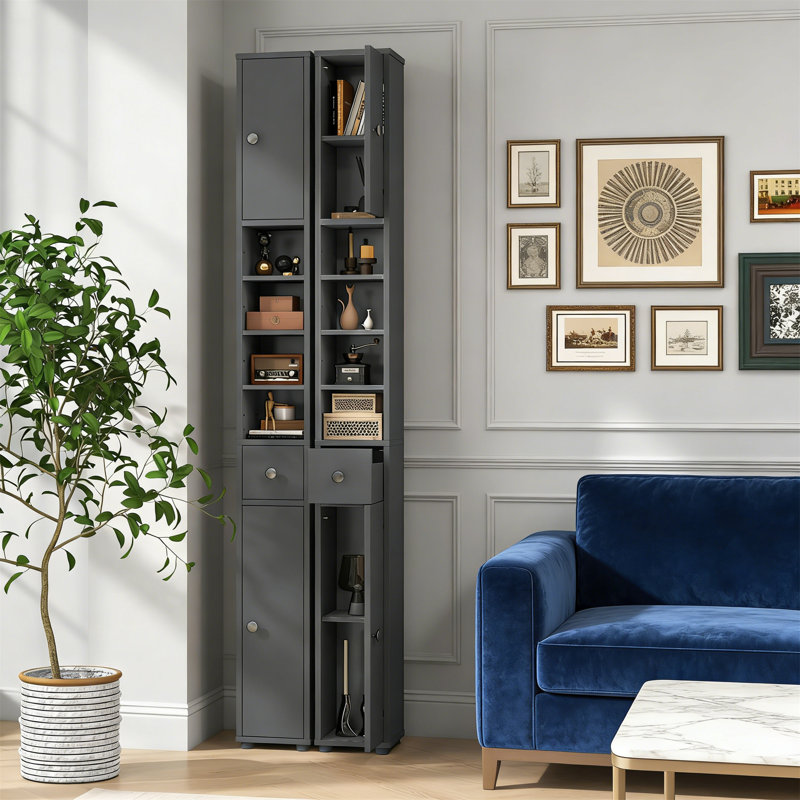 71" Tall Narrow Bathroom Storage Cabinet With 1 Drawer, 2 Doors & 4 Shelves, Grey, Gray