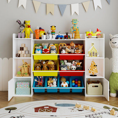 Kids Toy Storage Organizer - Premium Toddler Bookshelf with 8 Bins, 7 Open Shelves & 2 Doors for Living Room, Nursery & Playroom