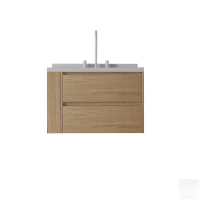 Meuble-lavabo flottant avec porte à fermeture en douceur, comptoir en granite blanc cultivé et dosseret, fait de contreplaqué durable et de chêne