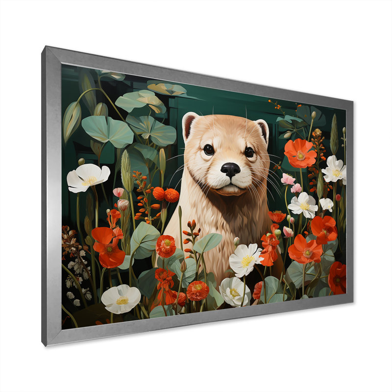 Curieuse loutre brune dans une prairie fleurie - art de la loutre, Cadre de coin argenté fermé, H 12 po x l 20 po x P 1 po