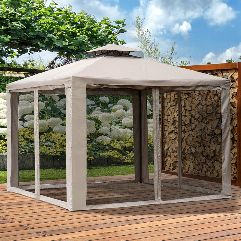 9.6' X 9.6' Patio Gazebo, Outdoor Canopy Shelter With 2-Tier Roof And Netting, Steel Frame For Garden, Lawn, Backyard, And Deck