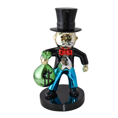 Statue de monopole fronçant les sourires tenant une petite sacoche en résine: 7 po x 8 po x H 15 po