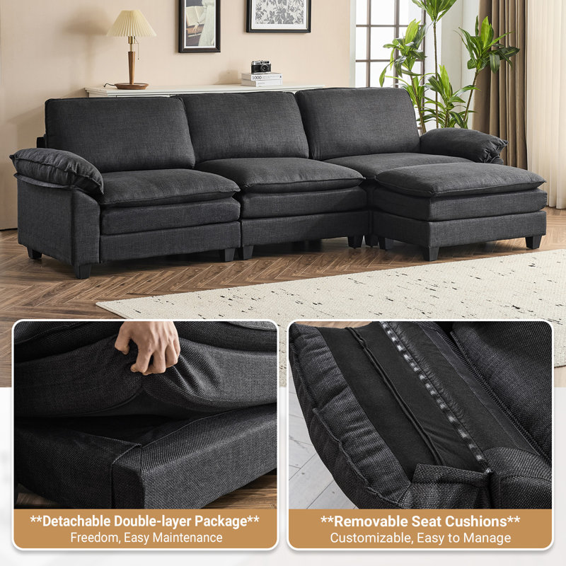 Avrilynn Upholstered Cloud Sofa&Couch with Ottoman, Black Polyester, 120"W x 32.3"D x 33.5"H (3-Seat)