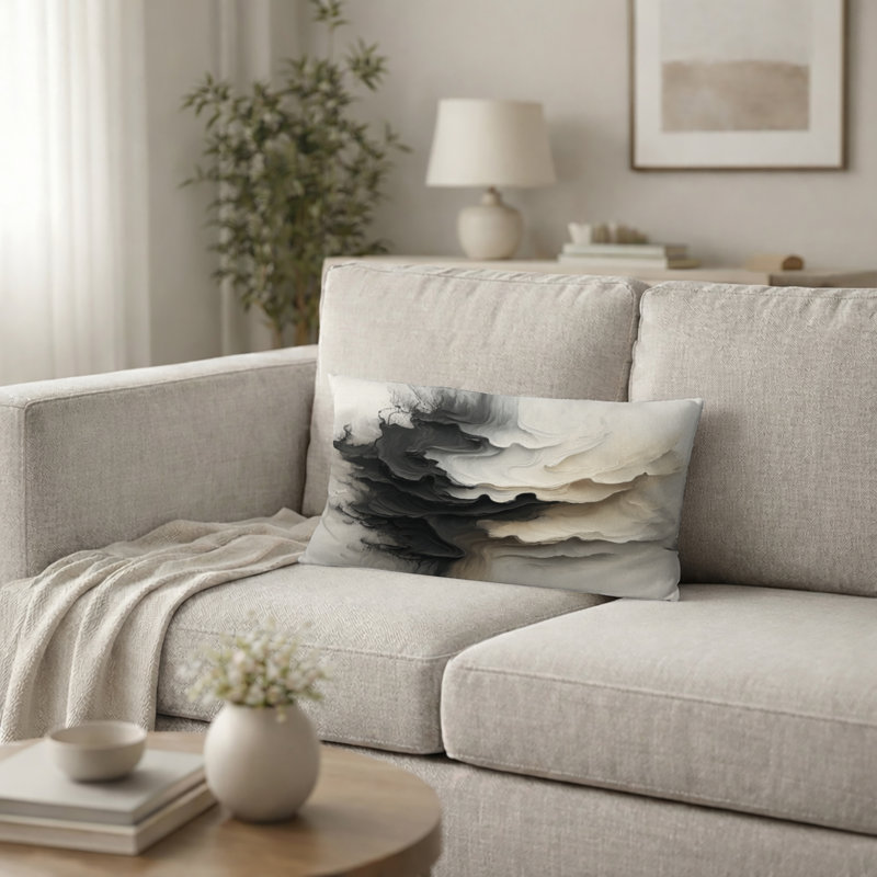 Coussin décoratif noir et blanc «Uniant Horizons», H 12 po x l 20 po