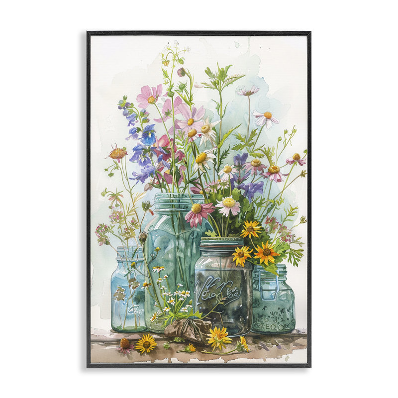  «Bright Garden Blooms Jars Giclee Art» par Franklyn Gregory, H 18 po x l 12 po, Giclée encadrée noir minuit