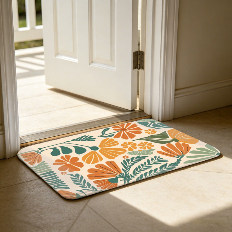 Tapis orange orange et vert à motif floral 24 po x 36 po pour porte d'entrée