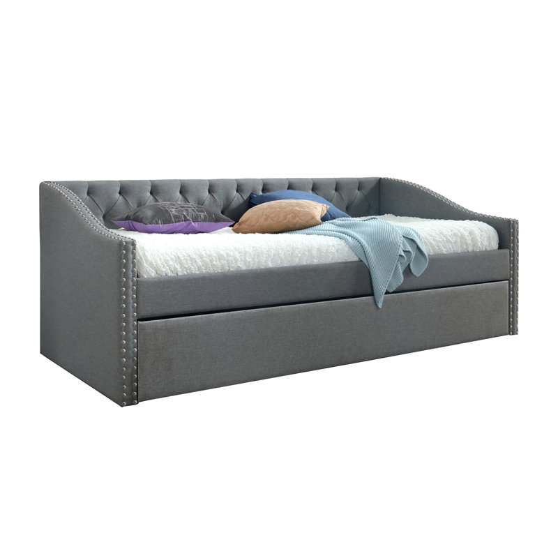 1pc Modern Daybed Button Tufted Nailhead Trim Armrest Pull Out Trundle Bedroom Living Room Furniture Gray Finish