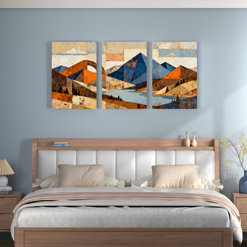Tableau abstrait sur toile tendue, paysage de montagne géométrique (ensemble de 3), H 24 po x l 48 po