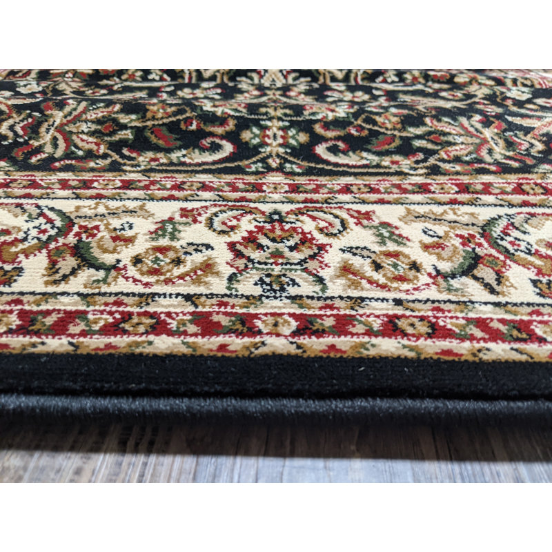 Tapis noir à motif floral, Rond 5 pi 3 po