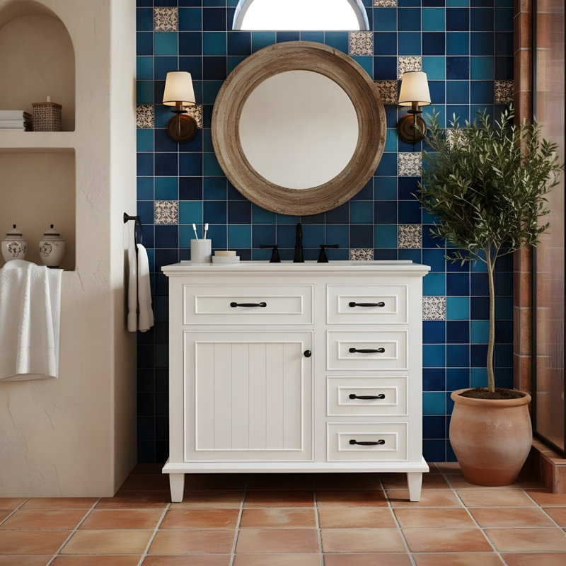 Meuble-lavabo de 36 po avec tablettes réglables et poignées en alliage de zinc (robinet non inclus), Noir, Blanc
