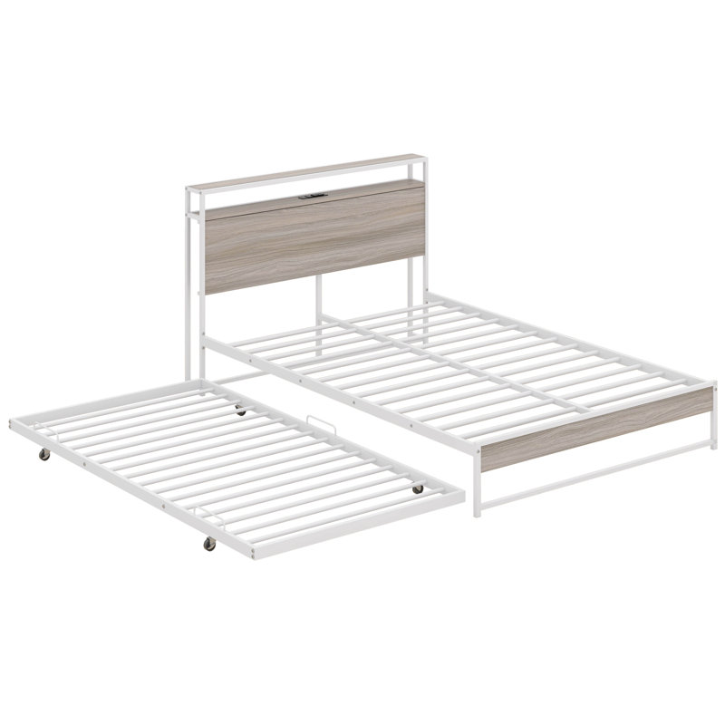 Lit plateforme en métal avec lit gigogne et prises de courant Carraway, Plein, Blanc