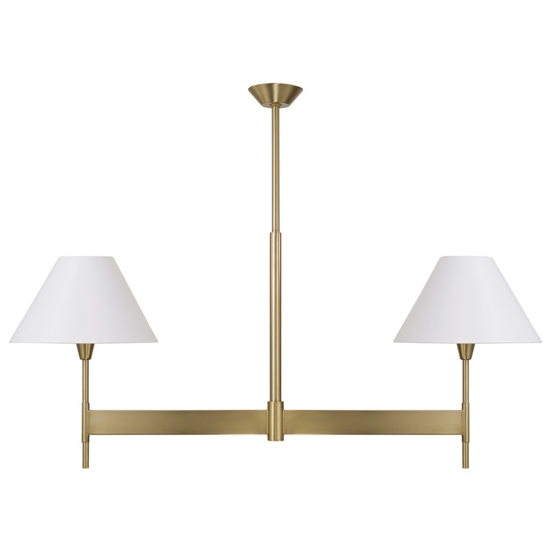 50" W x 22.5" H 2-Light Linear Chandelier in Aged Brass with White Fabric Shades and Designer Canopy